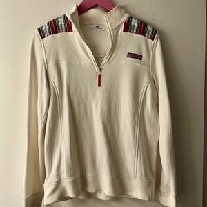 Vineyard Vines White Quarter-Zip Sweater with Plaid Details